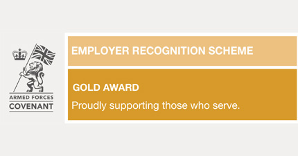 Armed Forces Covenant logo. Employer recognition scheme: gold award, proudly supporting those who serve.